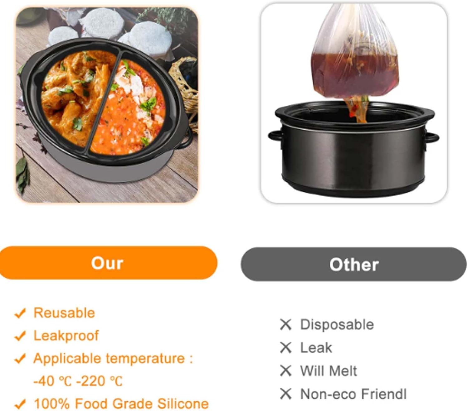 6 Quart Silicone Crock Pot Divider - Reusable Liners for Slow Cooker - Fits Most 6-7 Qt Crock Pots - Dishwasher Safe & BPA Free