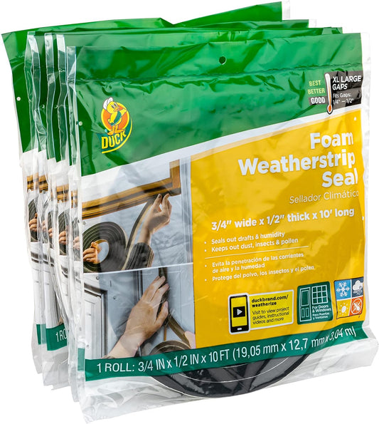 6 Rolls of Duck Brand Self Adhesive Foam Weatherstrip Seal for Extra Large Gaps - 60 Feet Total - Window and Door Seal Strip Foam Tape - 3/4" x 1/2" x 10' - Charcoal