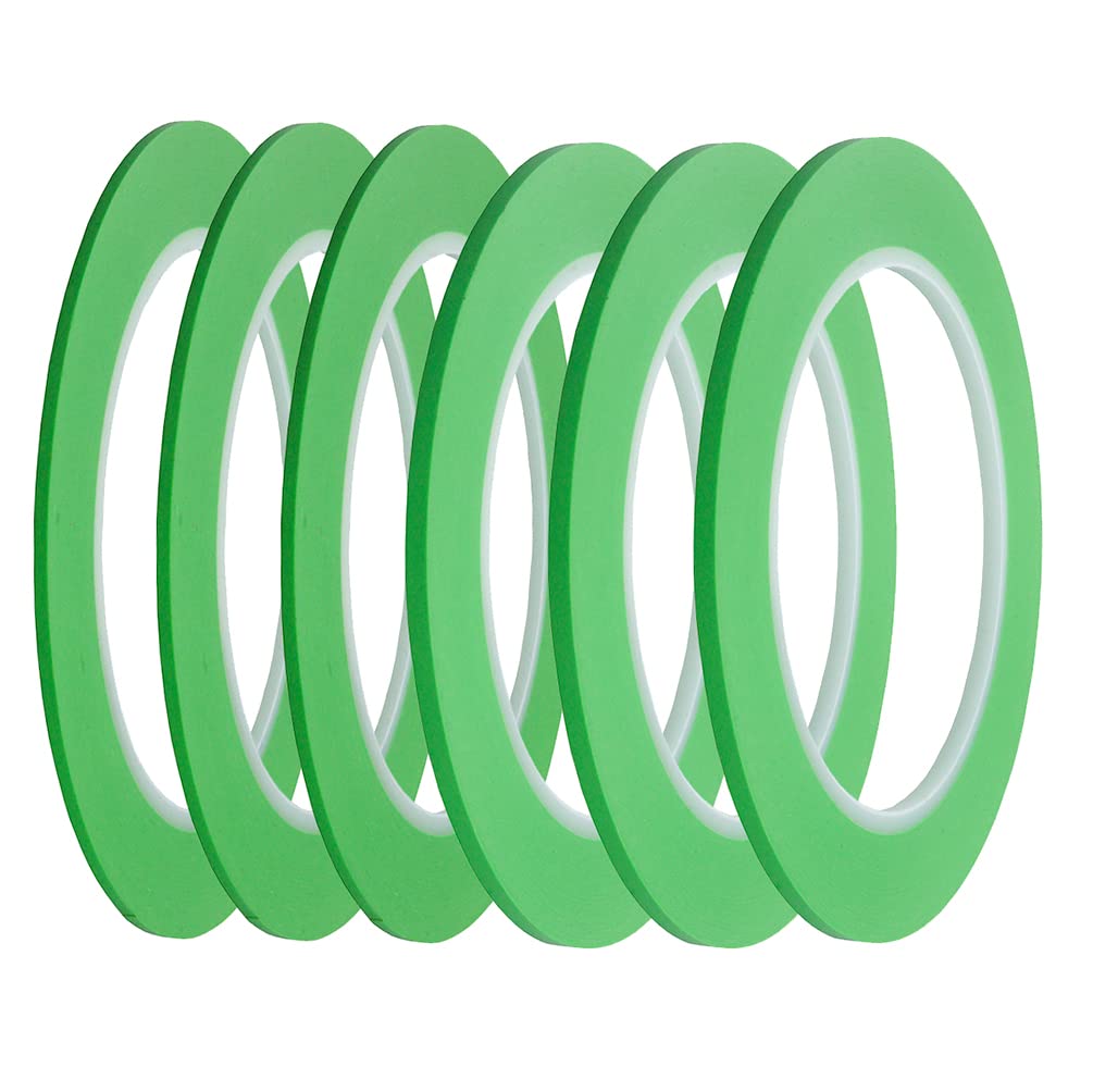 6 Rolls of JINBING High-Temp Green Fine Line Masking Tape for Automotive Paint - 1/16" and 1/8" Widths, Ideal for Curves