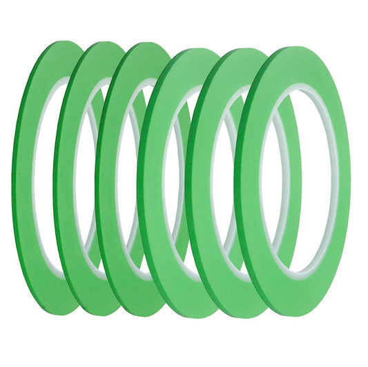 6 Rolls of JINBING High-Temp Green Fine Line Masking Tape for Automotive Paint - 1/16" and 1/8" Widths, Ideal for Curves