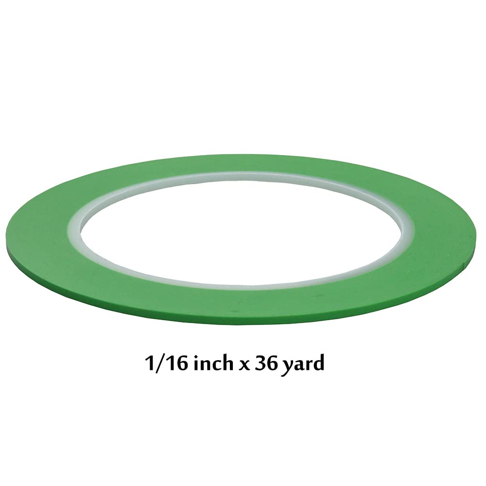6 Rolls of JINBING High-Temp Green Fine Line Masking Tape for Automotive Paint - 1/16" and 1/8" Widths, Ideal for Curves