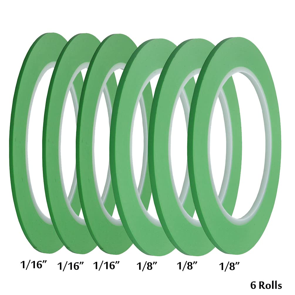 6 Rolls of JINBING High-Temp Green Fine Line Masking Tape for Automotive Paint - 1/16" and 1/8" Widths, Ideal for Curves
