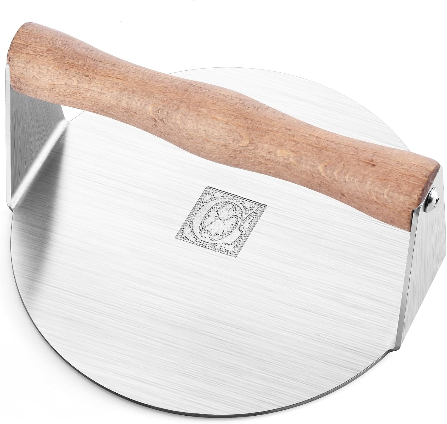 6" Round Stainless Steel Burger Press with Engraved Custom Lettering - Professional Griddle Kit for Perfect Grilling