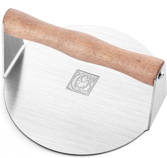6" Round Stainless Steel Burger Press with Engraved Custom Lettering - Professional Griddle Kit for Perfect Grilling