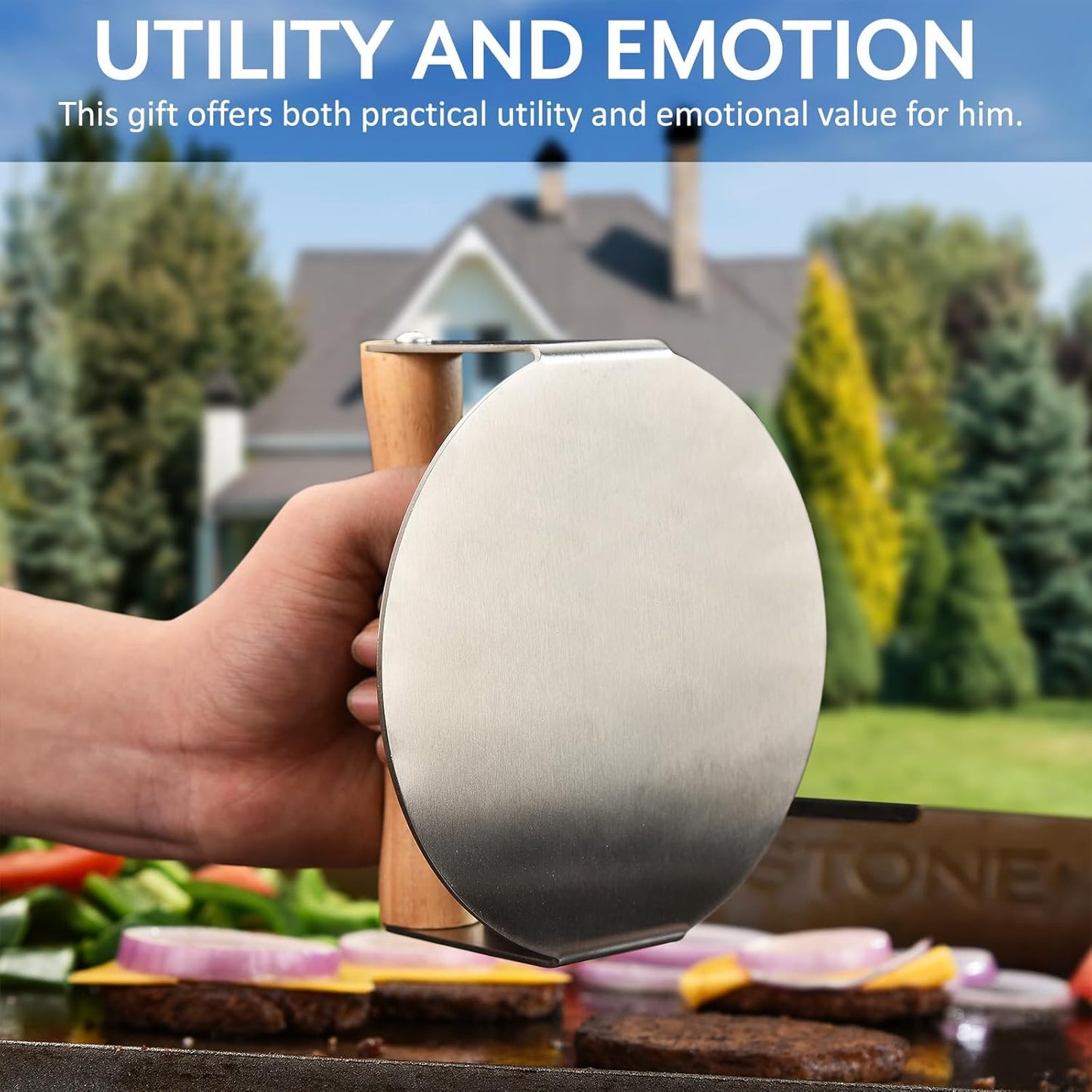 6" Round Stainless Steel Burger Press with Engraved Custom Lettering - Professional Griddle Kit for Perfect Grilling