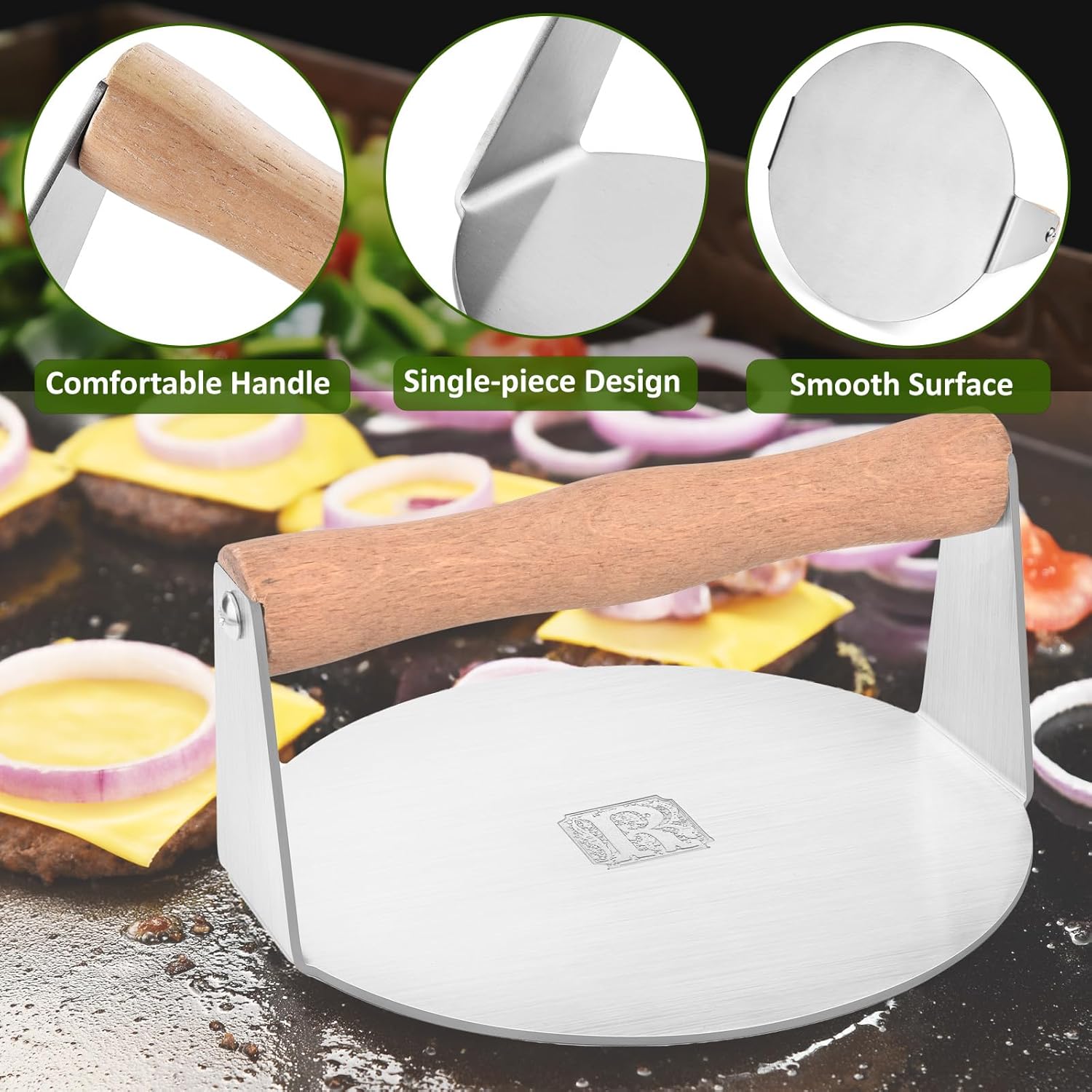 6" Round Stainless Steel Burger Press with Engraved Custom Lettering - Professional Griddle Kit for Perfect Grilling