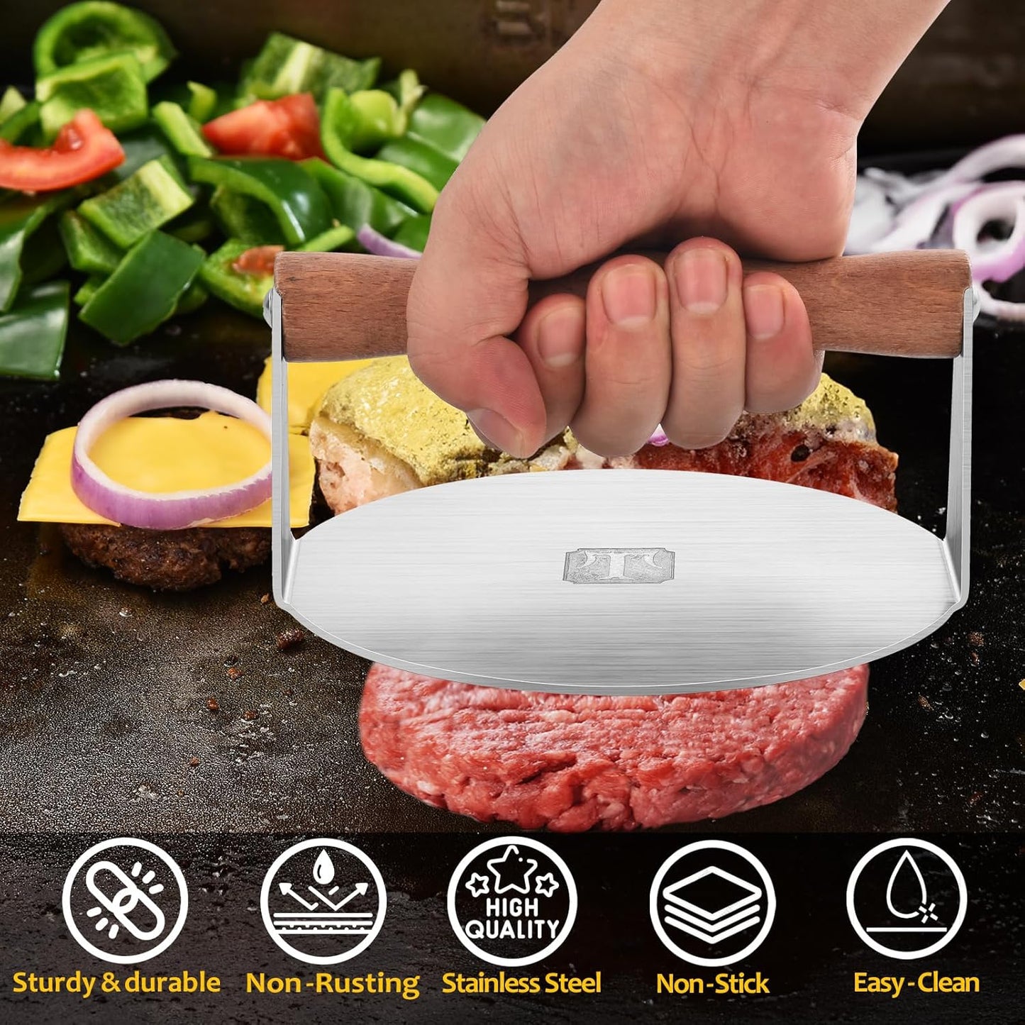 6" Round Stainless Steel Burger Press with Engraved Custom Lettering - Professional Griddle Kit for Perfect Grilling