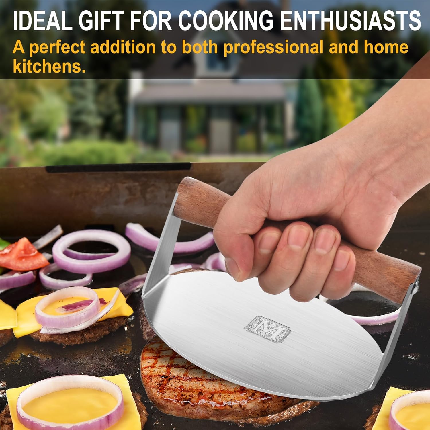 6" Round Stainless Steel Burger Press with Engraved Custom Lettering - Professional Griddle Kit for Perfect Grilling