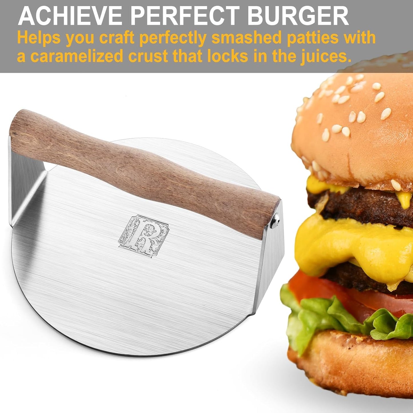 6" Round Stainless Steel Burger Press with Engraved Custom Lettering - Professional Griddle Kit for Perfect Grilling