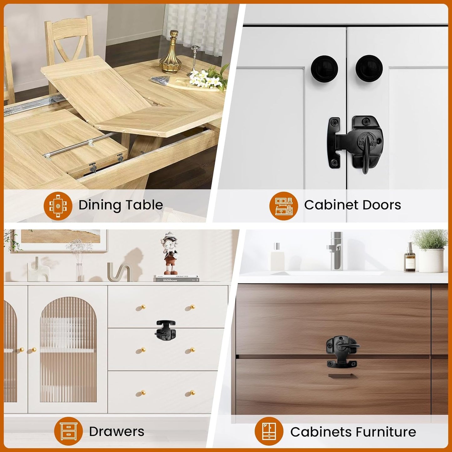 6 Sets Heavy Duty Table Leaf Latch Lock Hardware for Extension and Conference Tables - Black