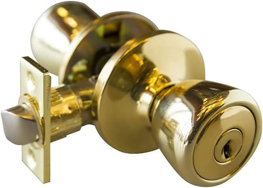 6-Way Universal Keyed Entry Door Knob for Front and Back Doors - Polished Brass
