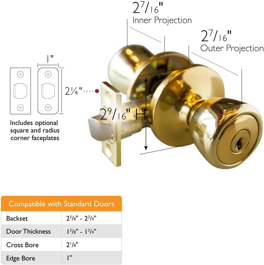 6-Way Universal Keyed Entry Door Knob for Front and Back Doors - Polished Brass