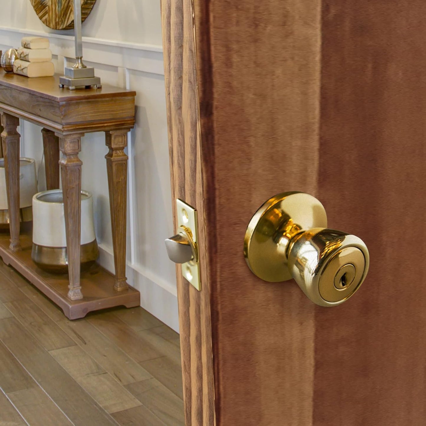 6-Way Universal Keyed Entry Door Knob for Front and Back Doors - Polished Brass