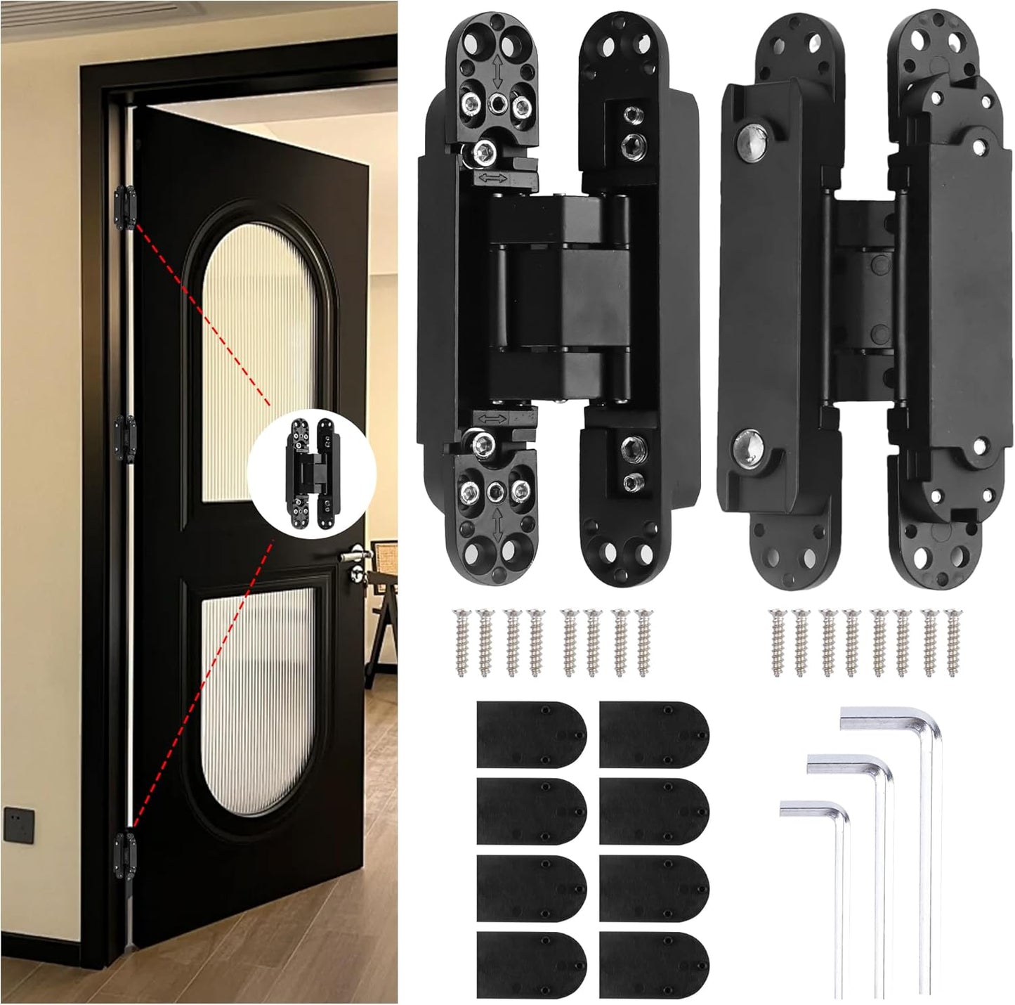 6" Zinc Alloy Invisible Hidden Door Hinges - 180 Degree Swing, 3-Way Adjustable, Silent Butt Hinges - Black (Pack of 2)
