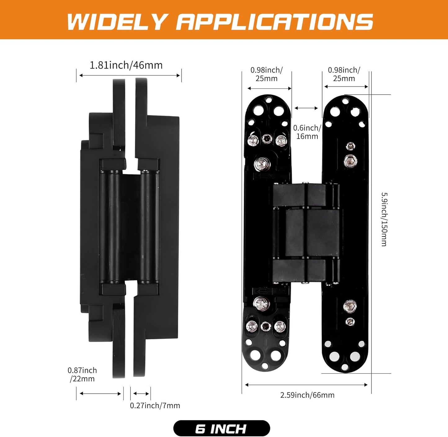 6" Zinc Alloy Invisible Hidden Door Hinges - 180 Degree Swing, 3-Way Adjustable, Silent Butt Hinges - Black (Pack of 2)