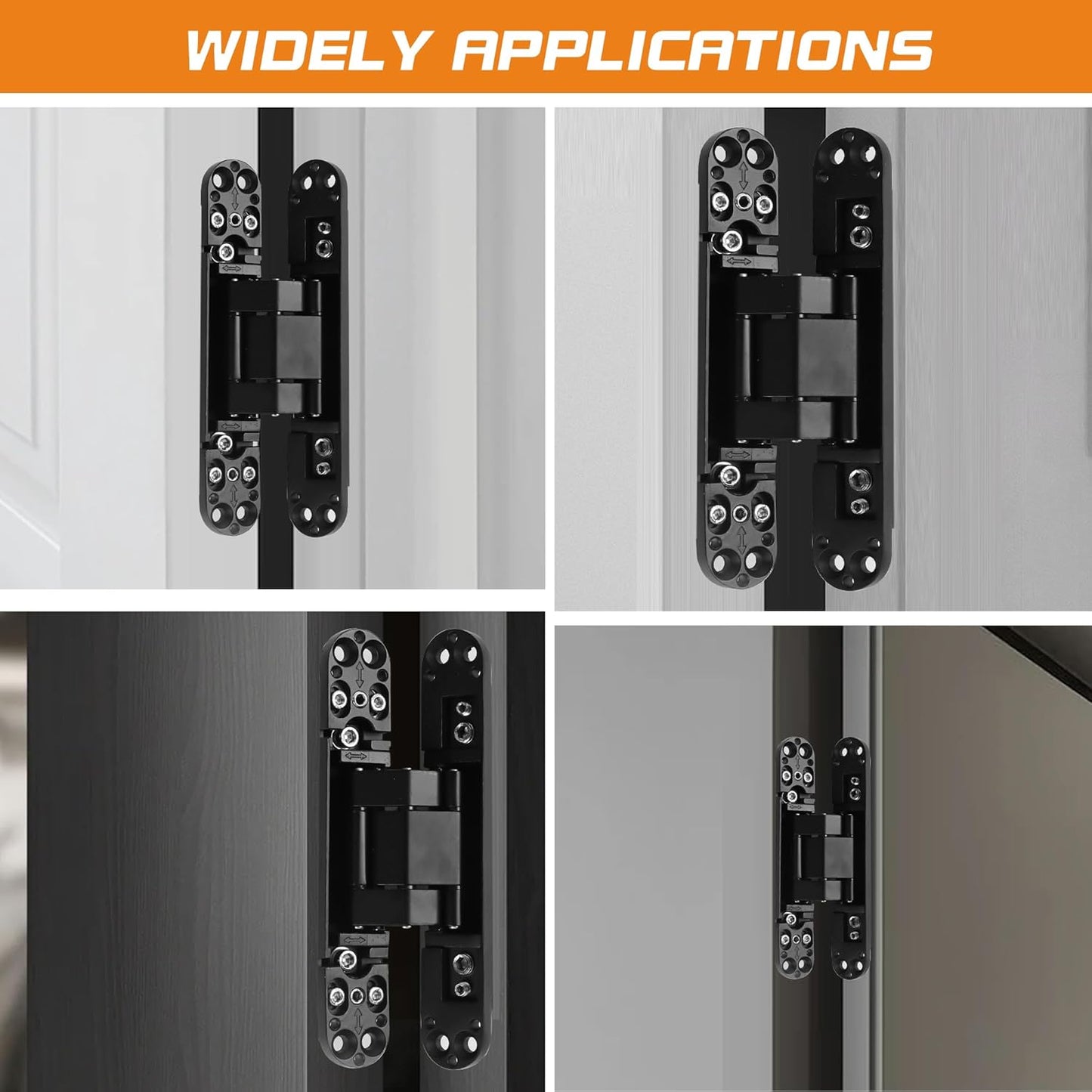 6" Zinc Alloy Invisible Hidden Door Hinges - 180 Degree Swing, 3-Way Adjustable, Silent Butt Hinges - Black (Pack of 2)