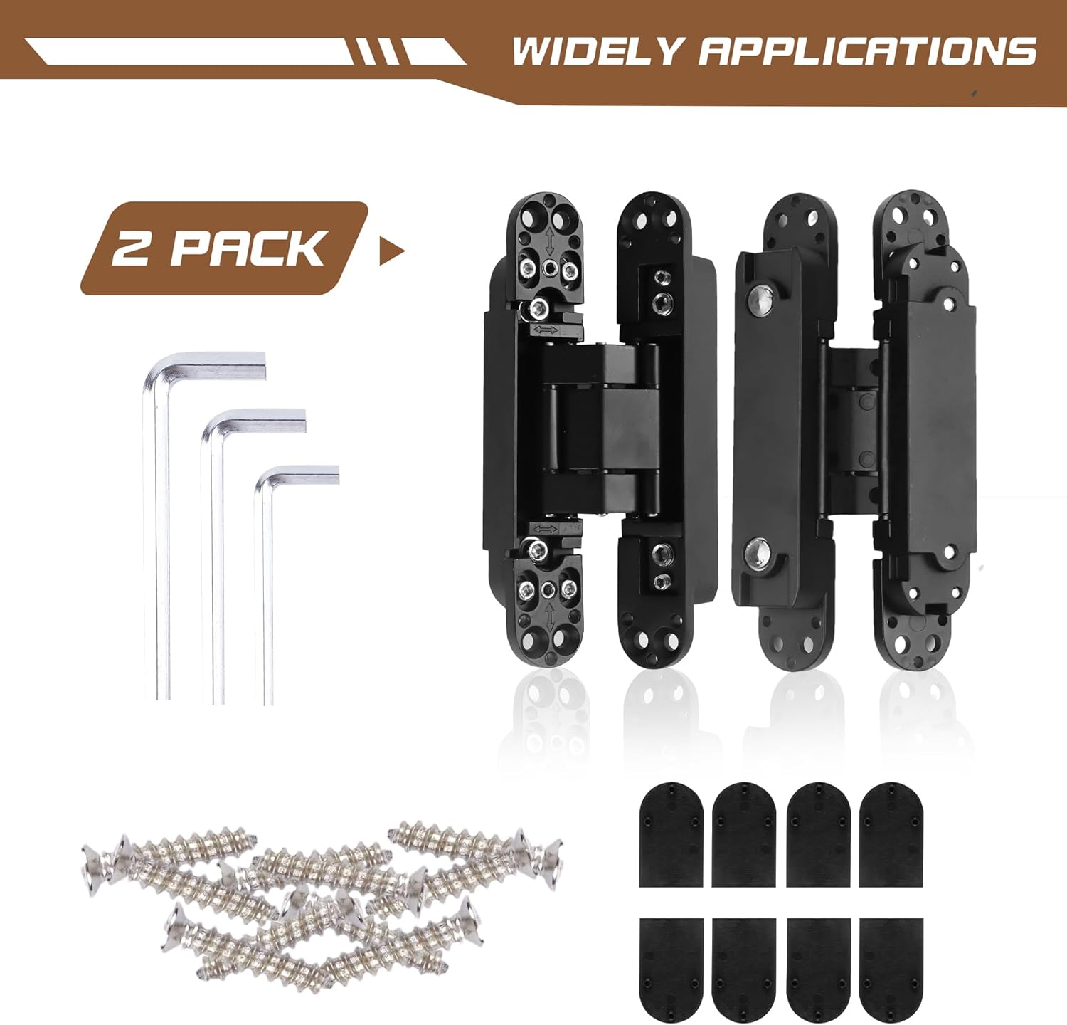 6" Zinc Alloy Invisible Hidden Door Hinges - 180 Degree Swing, 3-Way Adjustable, Silent Butt Hinges - Black (Pack of 2)