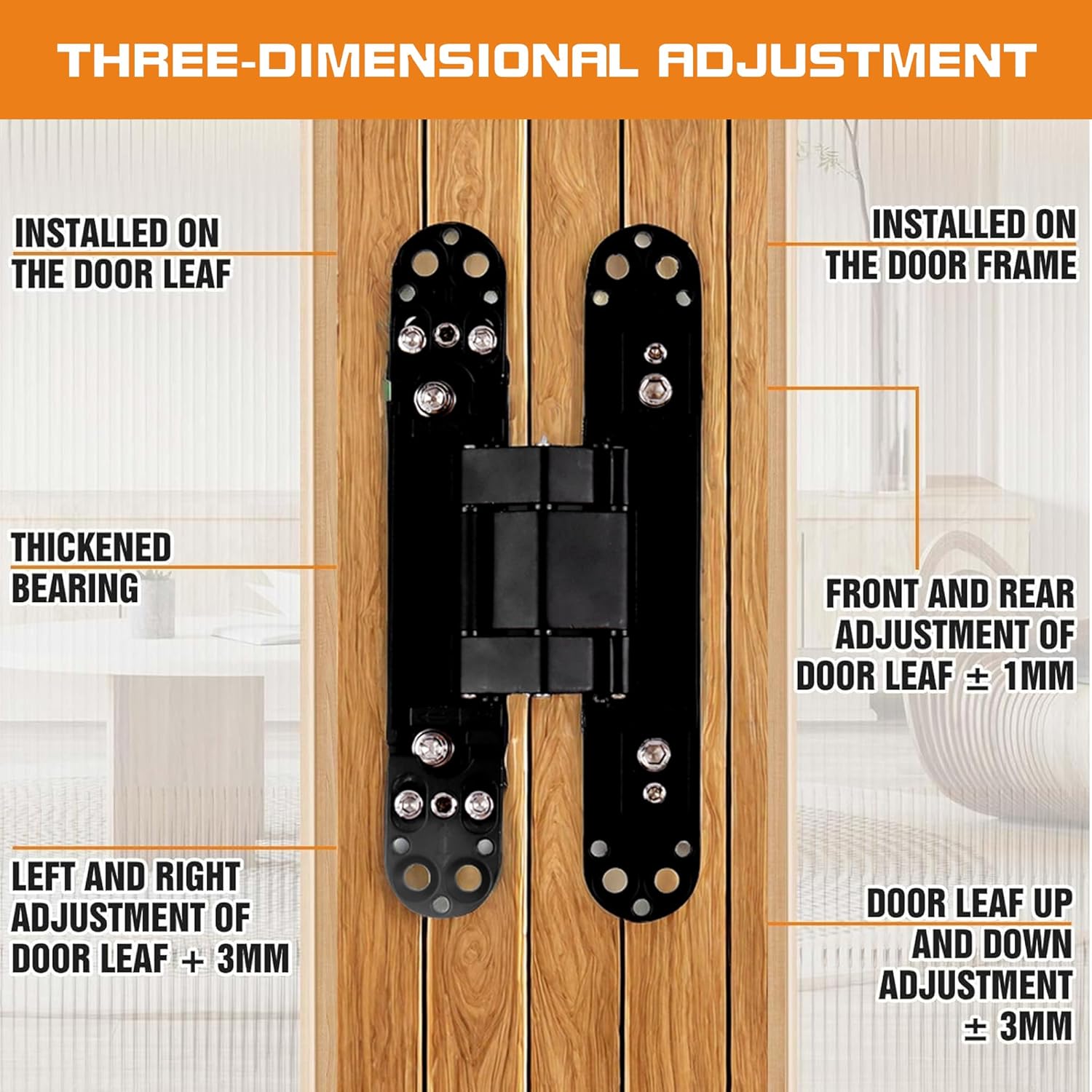 6" Zinc Alloy Invisible Hidden Door Hinges - 180 Degree Swing, 3-Way Adjustable, Silent Butt Hinges - Black (Pack of 2)