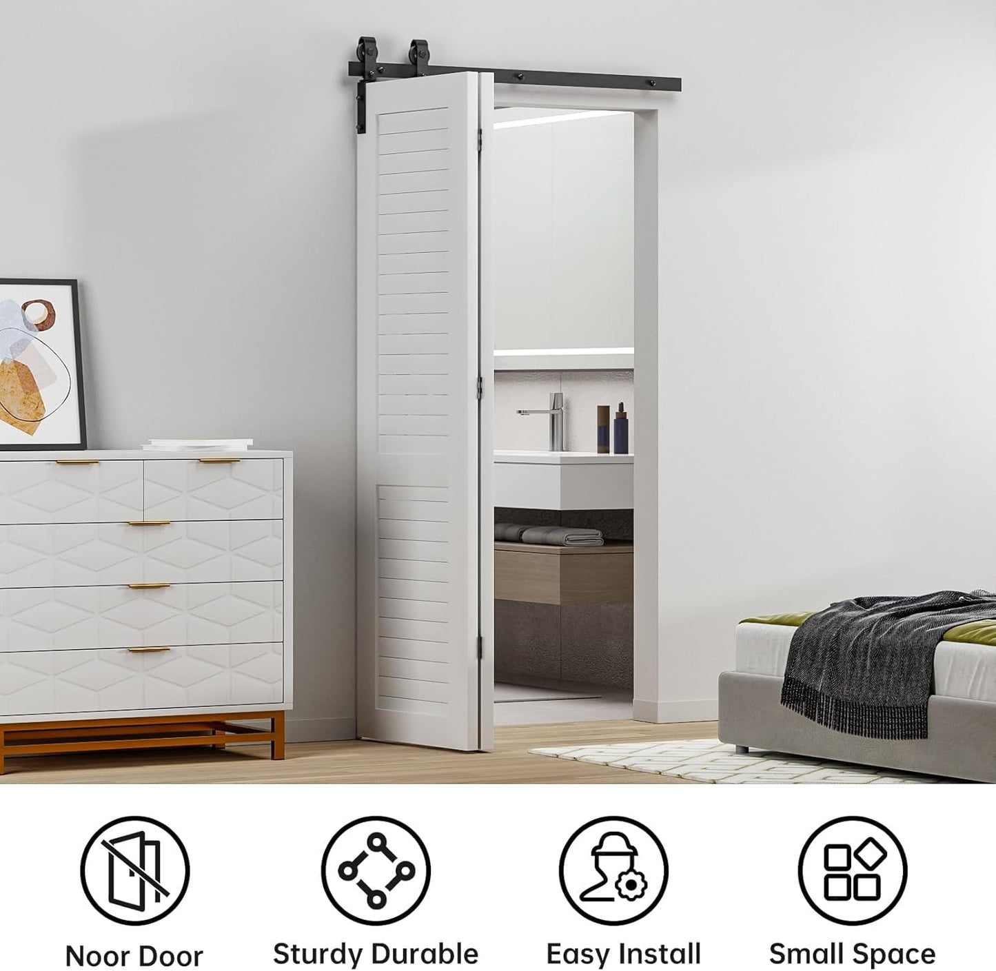 60" Bi-Folding Sliding Barn Door Hardware Kit - Smooth & Quiet Operation, Easy Install - Fits Double 28" Bifold Doors - Black Roller, Side Mounted - Door Not Included