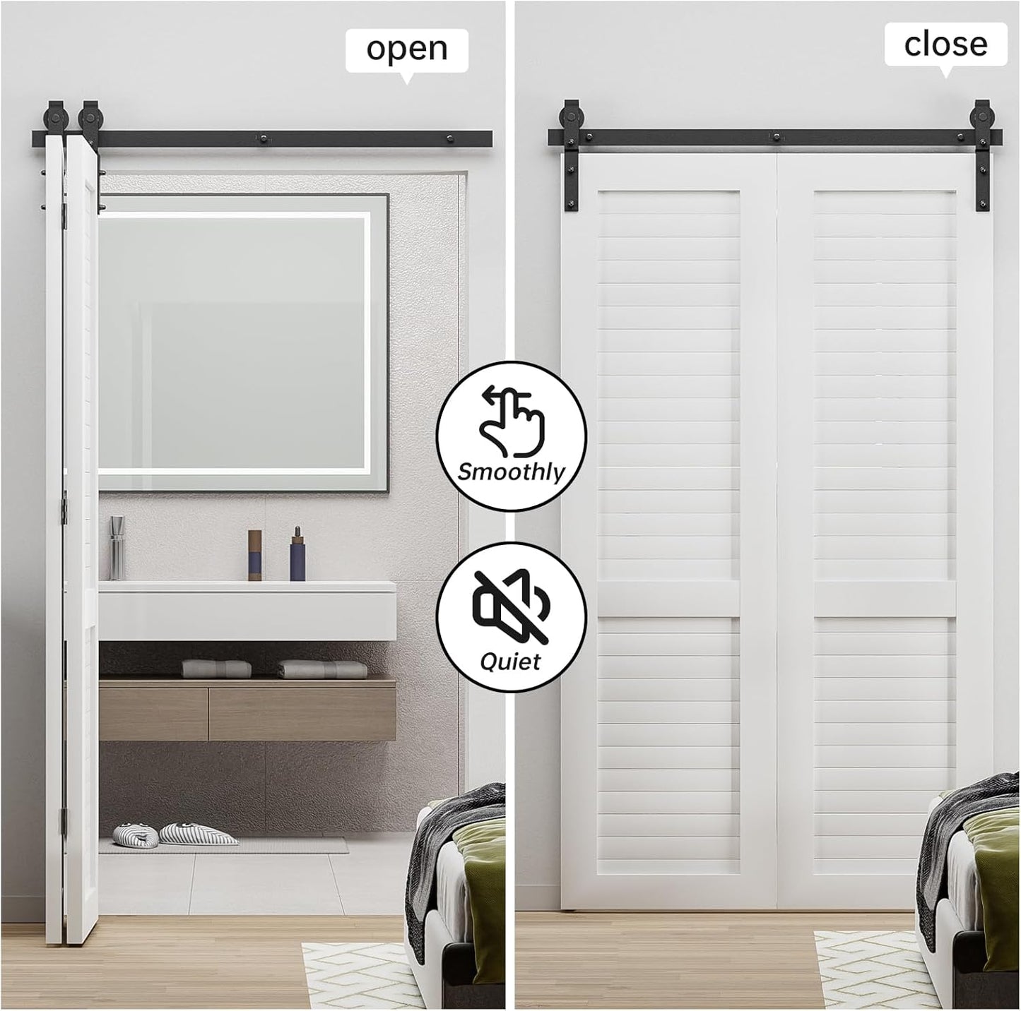 60" Bi-Folding Sliding Barn Door Hardware Kit - Smooth & Quiet Operation, Easy Install - Fits Double 28" Bifold Doors - Black Roller, Side Mounted - Door Not Included
