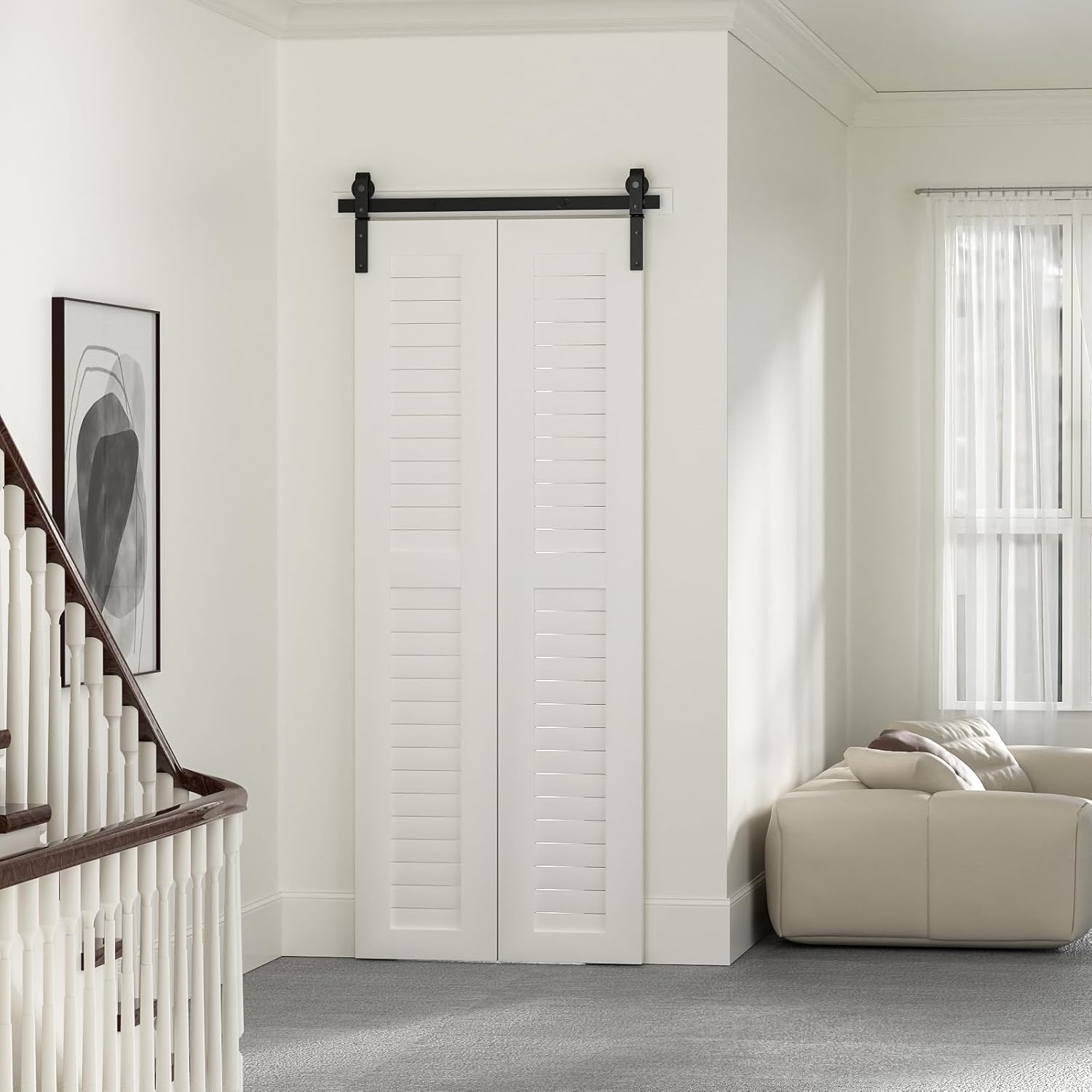 60" Bi-Folding Sliding Barn Door Hardware Kit - Smooth & Quiet Operation, Easy Install - Fits Double 28" Bifold Doors - Black Roller, Side Mounted - Door Not Included