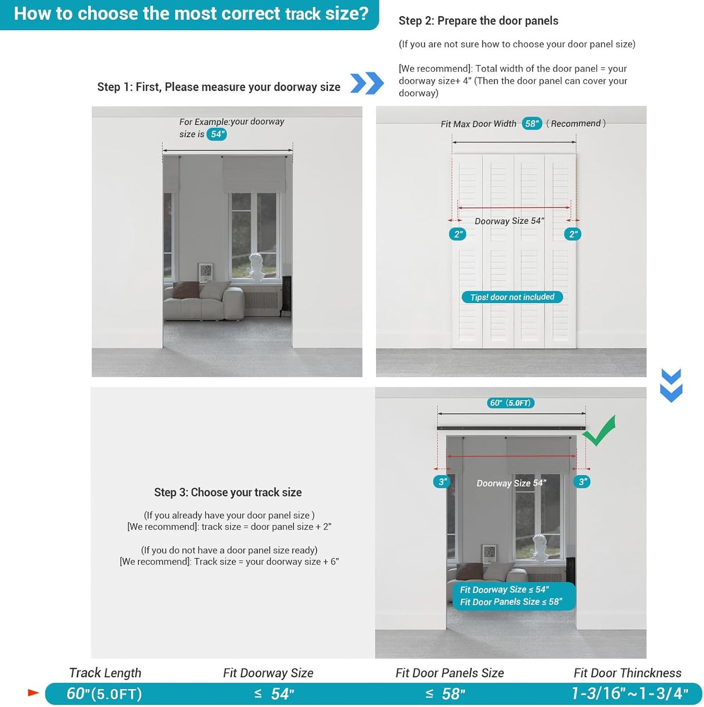 60" Bi-Folding Sliding Barn Door Hardware Kit, Smooth & Quiet Operation, Side Mounted Black Roller, Easy Install - Fits Four 14" Bifold Doors