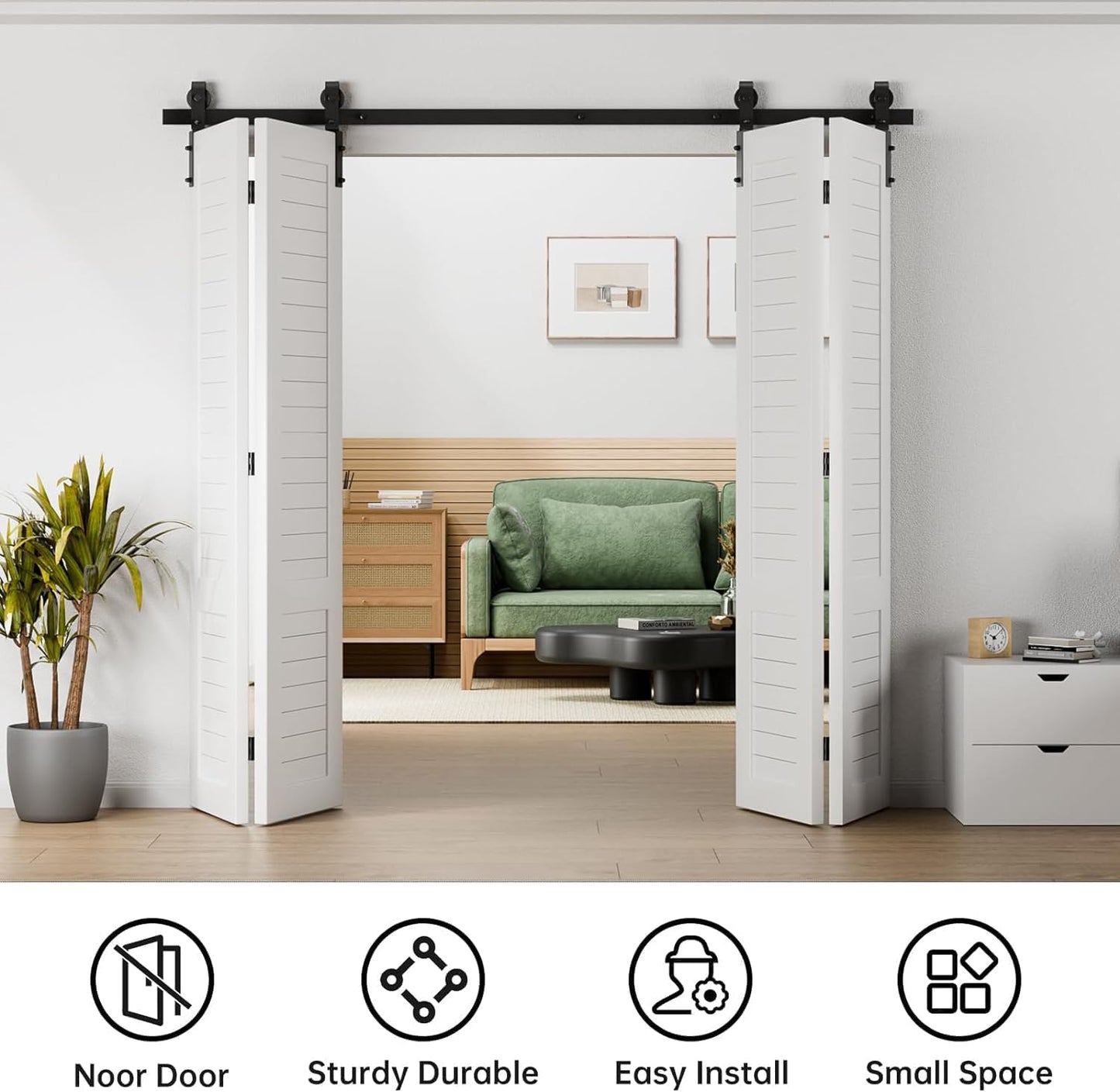 60" Bi-Folding Sliding Barn Door Hardware Kit, Smooth & Quiet Operation, Side Mounted Black Roller, Easy Install - Fits Four 14" Bifold Doors