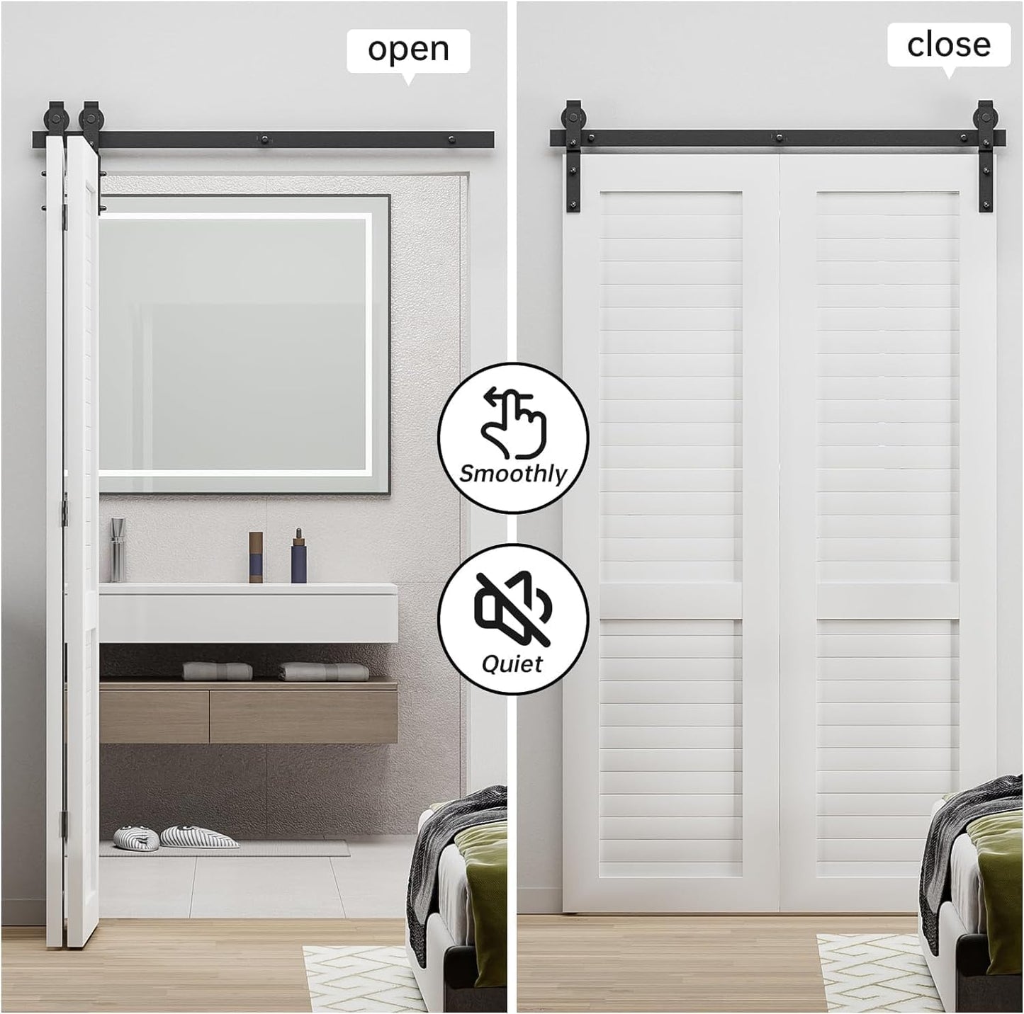 60" Bi-Folding Sliding Barn Door Hardware Kit, Smooth & Quiet Operation, Side Mounted Black Roller, Easy Install - Fits Four 14" Bifold Doors