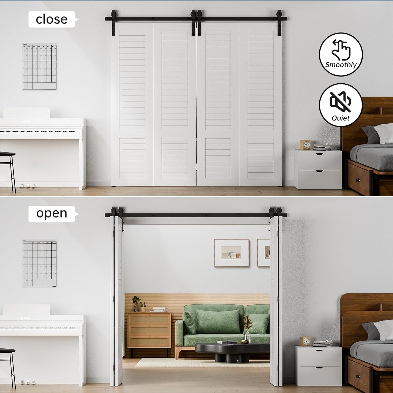 60" Bi-Folding Sliding Barn Door Hardware Kit, Smooth & Quiet Operation, Side Mounted Black Roller, Easy Install - Fits Four 14" Bifold Doors