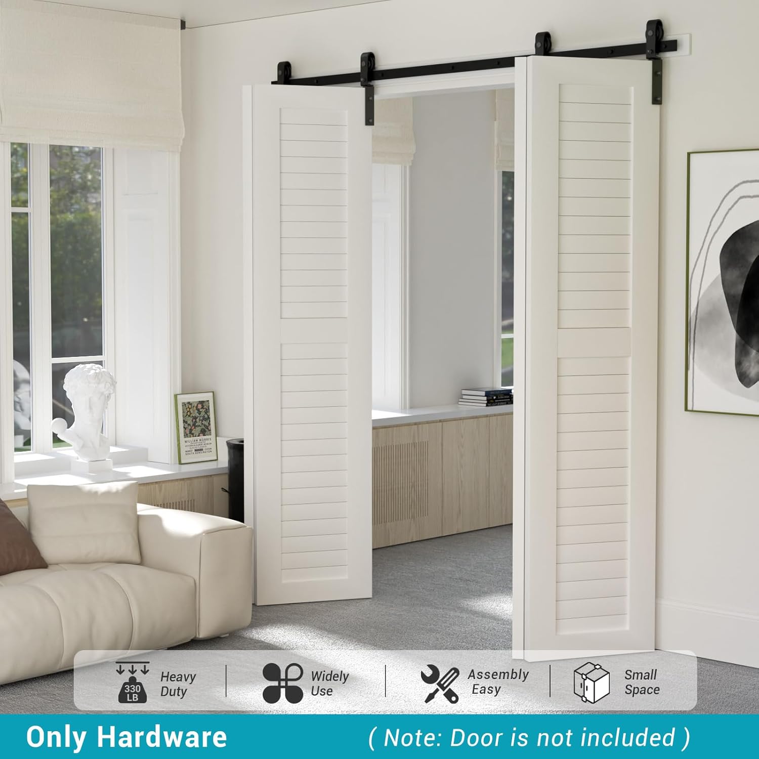 60" Bi-Folding Sliding Barn Door Hardware Kit, Smooth & Quiet Operation, Side Mounted Black Roller, Easy Install - Fits Four 14" Bifold Doors