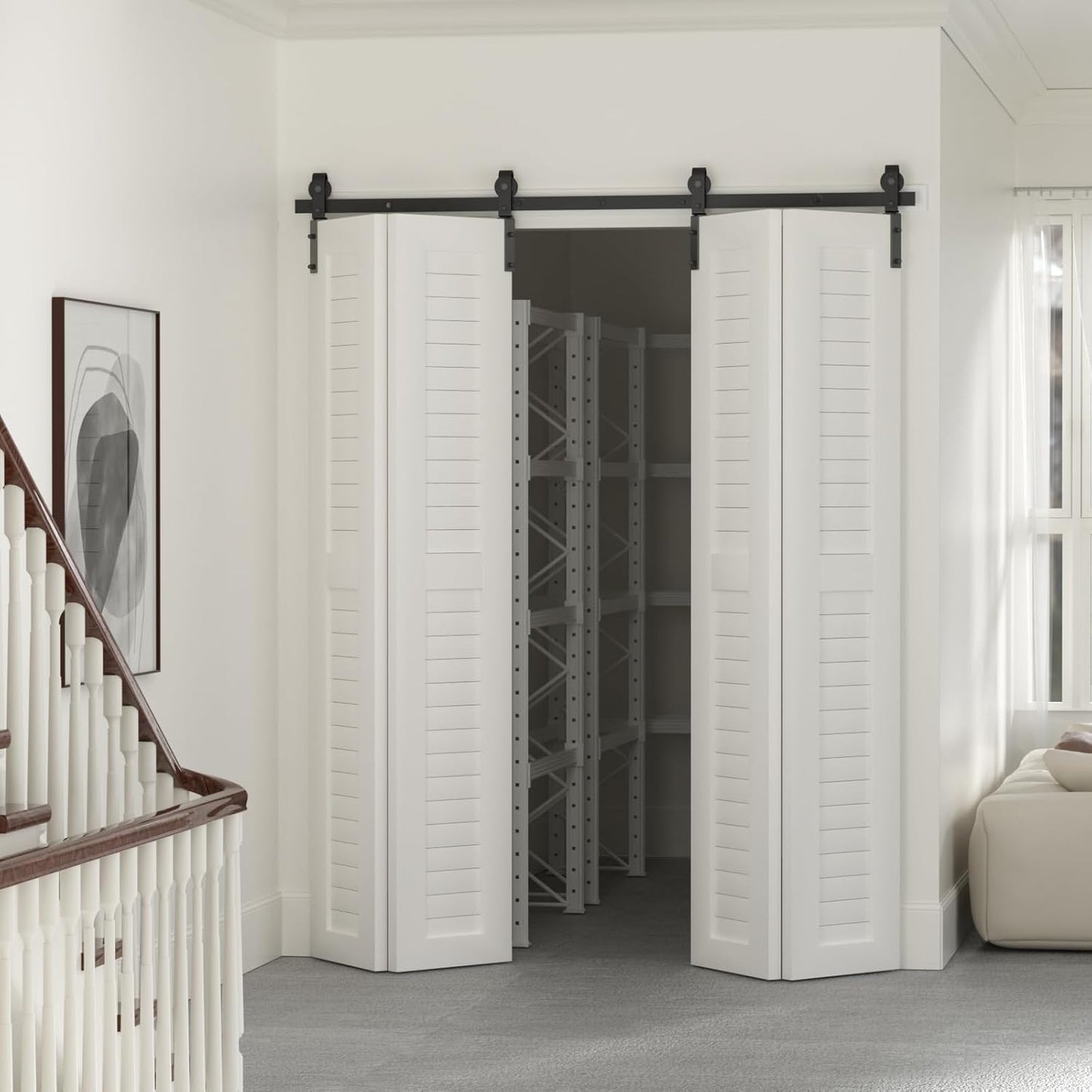 60" Bi-Folding Sliding Barn Door Hardware Kit, Smooth & Quiet Operation, Side Mounted Black Roller, Easy Install - Fits Four 14" Bifold Doors