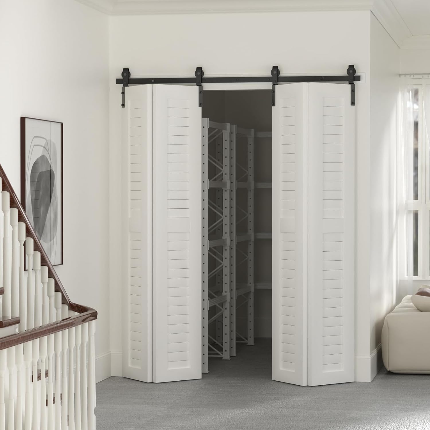60" Bi-Folding Sliding Barn Door Hardware Kit, Smooth & Quiet Operation, Side Mounted Black Roller, Easy Install - Fits Four 14" Bifold Doors