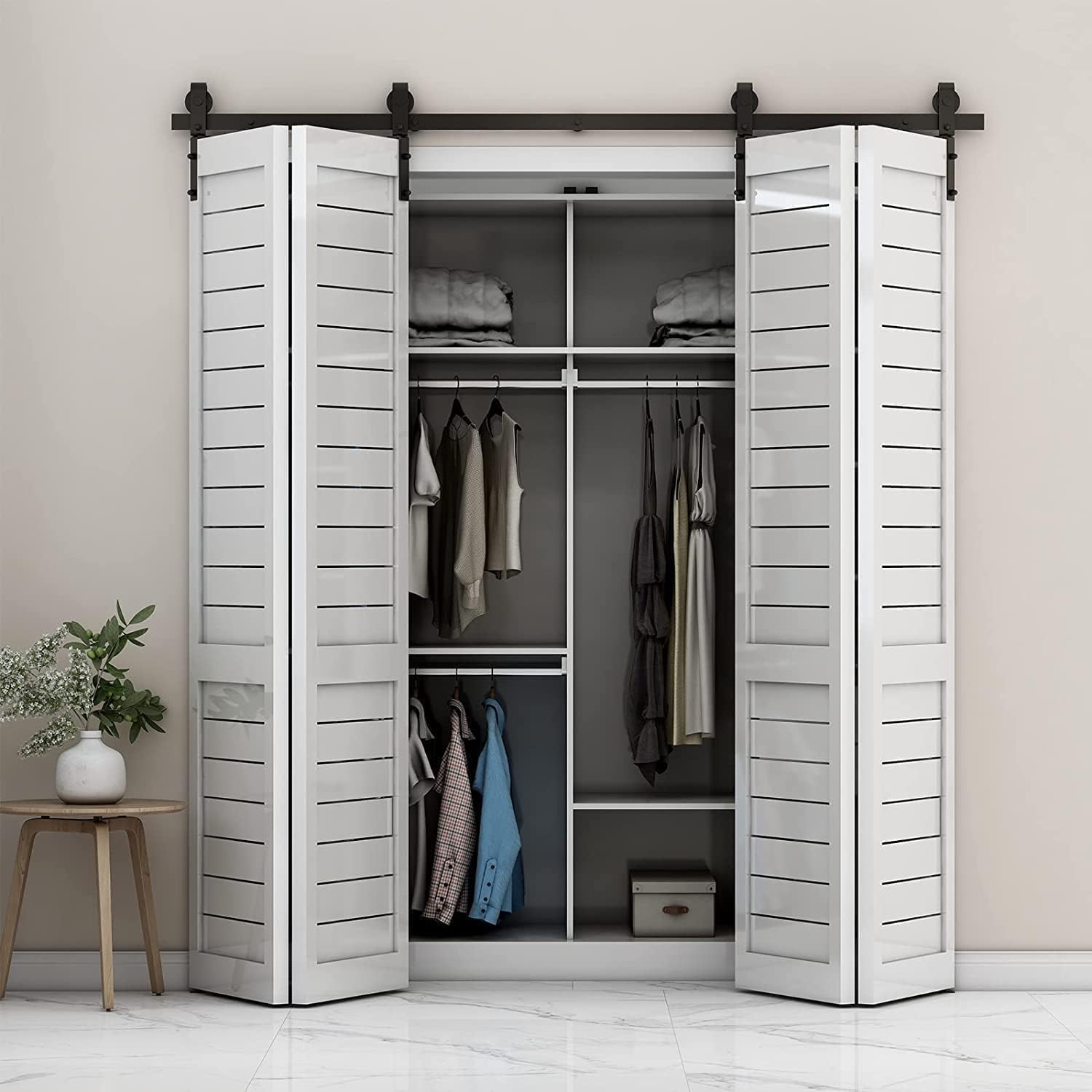 60" Bi-Folding Sliding Barn Door Hardware Kit, Smooth & Quiet Operation, Side Mounted Black Roller, Easy Install - Fits Four 14" Bifold Doors