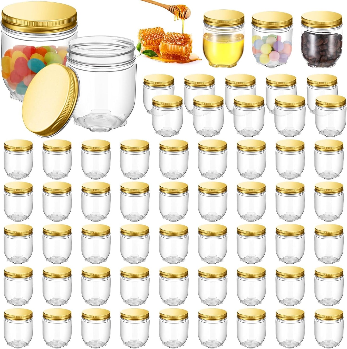 60 Pack 4 oz Clear Plastic Wide Mouth Mason Jars with Lids - Small Honey Jar Mini Storage Containers - Bulk Wedding Favors & Party Supplies