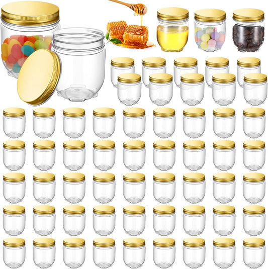 60 Pack 4 oz Clear Plastic Wide Mouth Mason Jars with Lids - Small Honey Jar Mini Storage Containers - Bulk Wedding Favors & Party Supplies