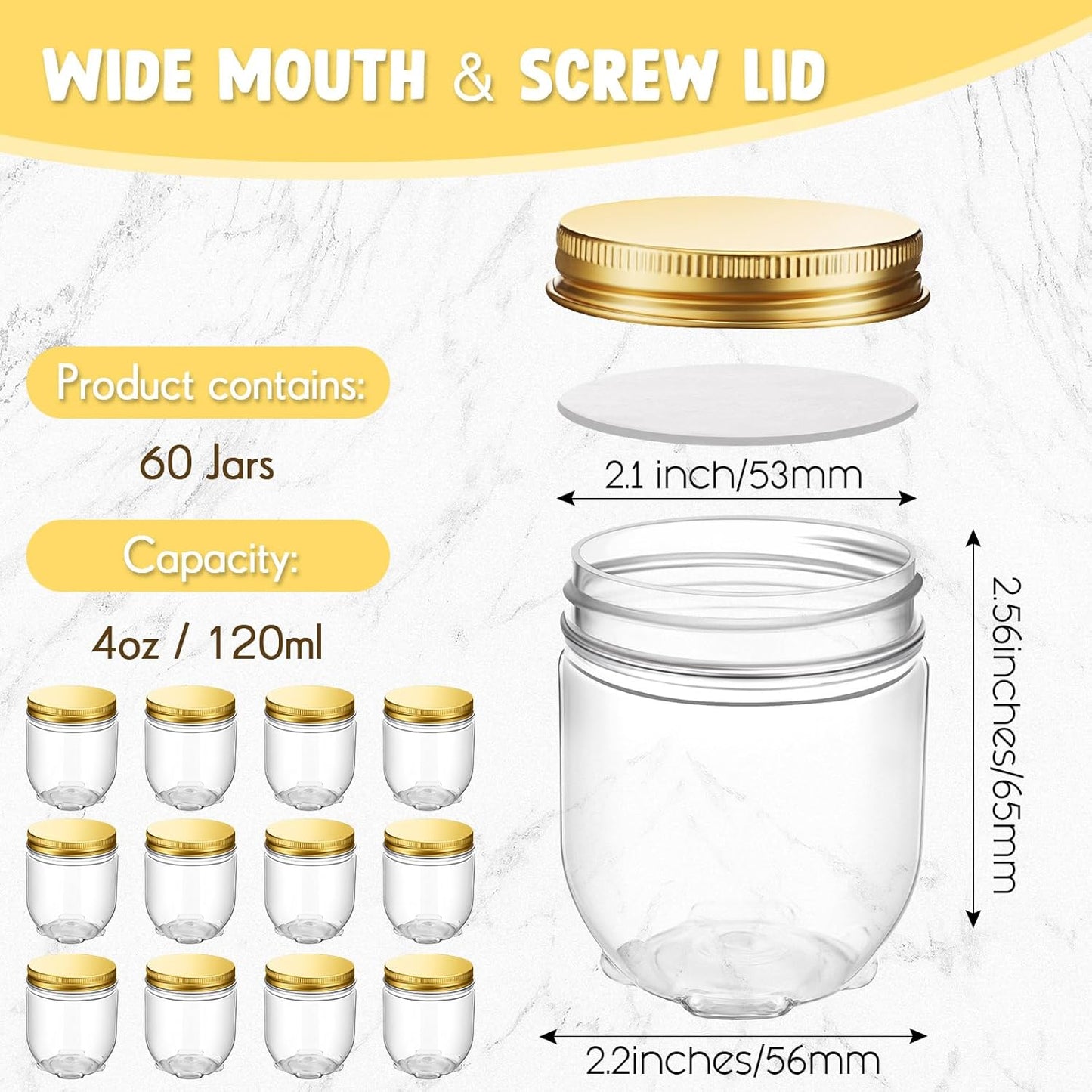 60 Pack 4 oz Clear Plastic Wide Mouth Mason Jars with Lids - Small Honey Jar Mini Storage Containers - Bulk Wedding Favors & Party Supplies