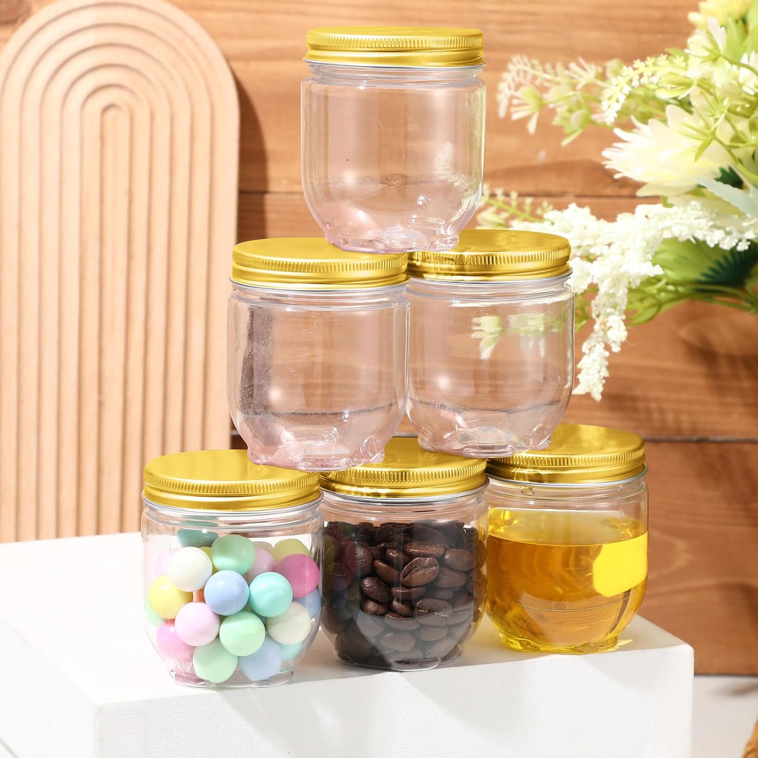 60 Pack 4 oz Clear Plastic Wide Mouth Mason Jars with Lids - Small Honey Jar Mini Storage Containers - Bulk Wedding Favors & Party Supplies