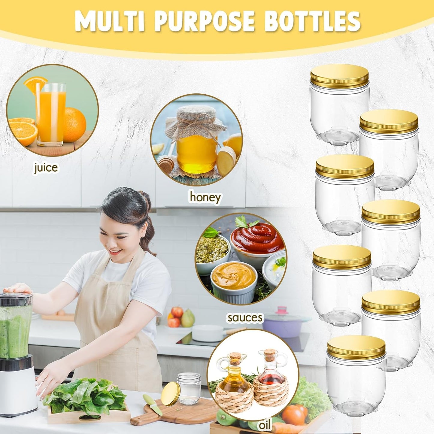 60 Pack 4 oz Clear Plastic Wide Mouth Mason Jars with Lids - Small Honey Jar Mini Storage Containers - Bulk Wedding Favors & Party Supplies