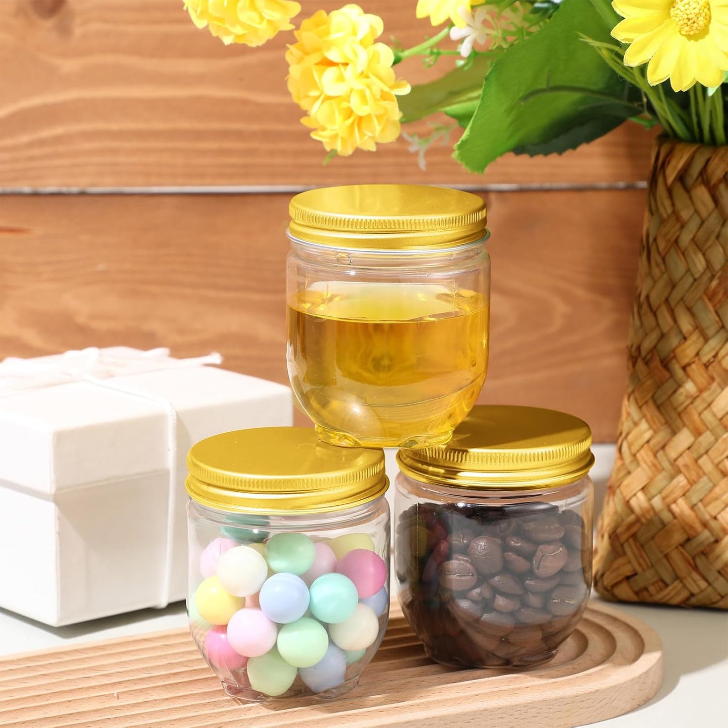 60 Pack 4 oz Clear Plastic Wide Mouth Mason Jars with Lids - Small Honey Jar Mini Storage Containers - Bulk Wedding Favors & Party Supplies