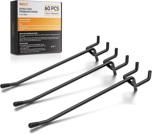 60 Pack of 6 Inch Black Pegboard Hooks - Heavy Duty 1/4" Shelving Accessories for Garage, Kitchen, and Craft Organization