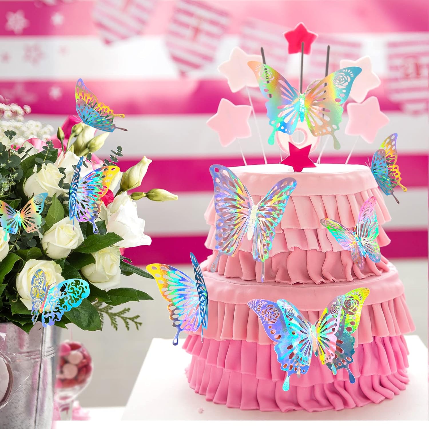 60-Piece Iridescent Silver Butterfly Wall Stickers Set for Nursery & Classroom Decor - Holographic 3D Decals with Glitter Party Decor Paper Murals