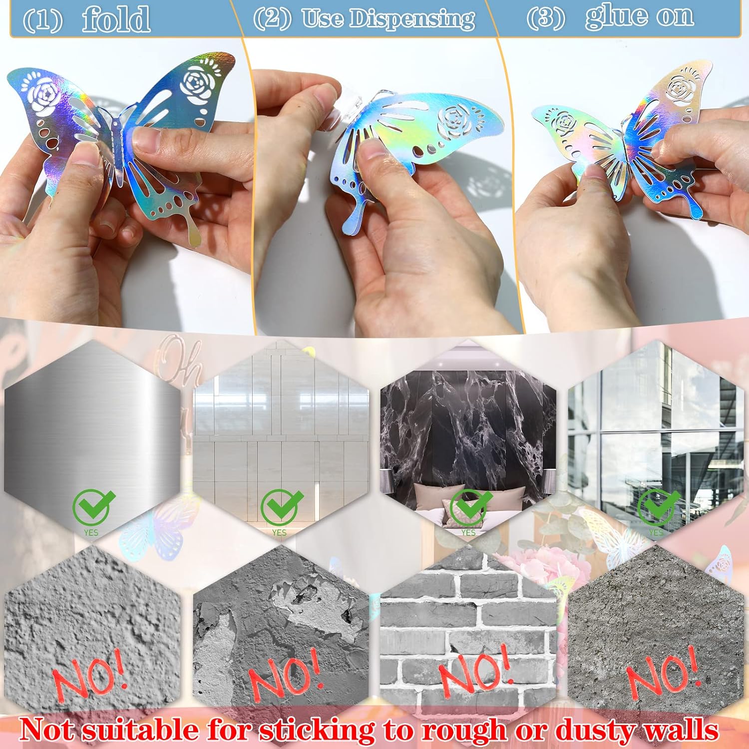 60-Piece Iridescent Silver Butterfly Wall Stickers Set for Nursery & Classroom Decor - Holographic 3D Decals with Glitter Party Decor Paper Murals