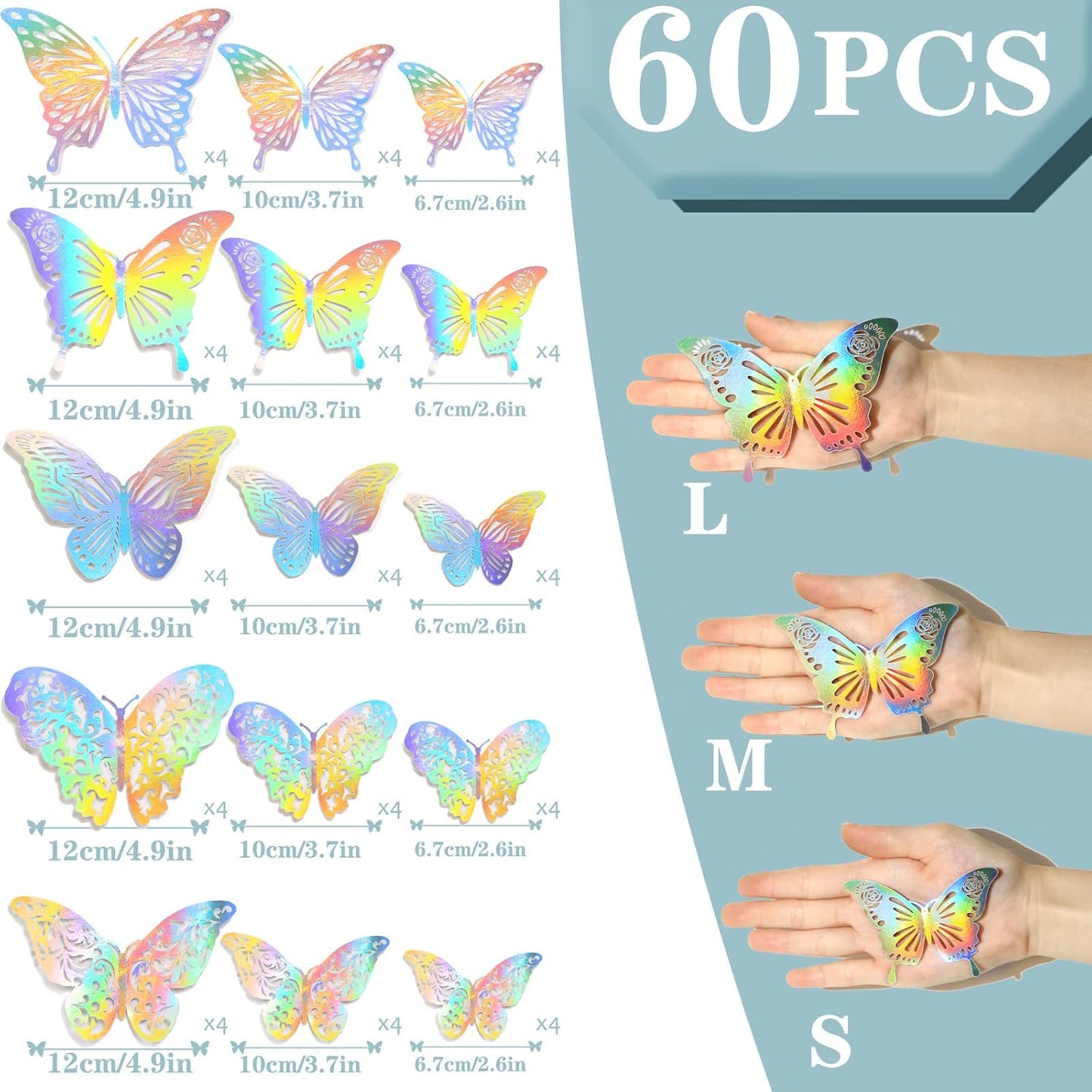 60-Piece Iridescent Silver Butterfly Wall Stickers Set for Nursery & Classroom Decor - Holographic 3D Decals with Glitter Party Decor Paper Murals