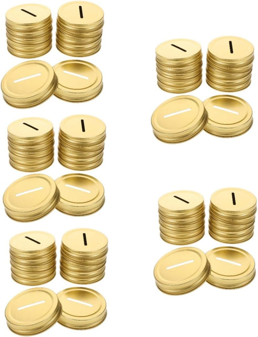 60-Piece Piggy Bank Coin Lid Sealing Caps for Mason Jars - Wide Mouth Canning Covers - Golden Tinplate Slot Cover