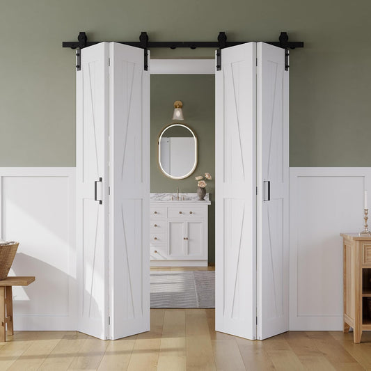 60" x 84" Bifold Sliding Barn Door Set with Sliding Hardware Kit - K Shaped Panel, Finished Closet Door Slab, 5.66FT Track, MDF, White
