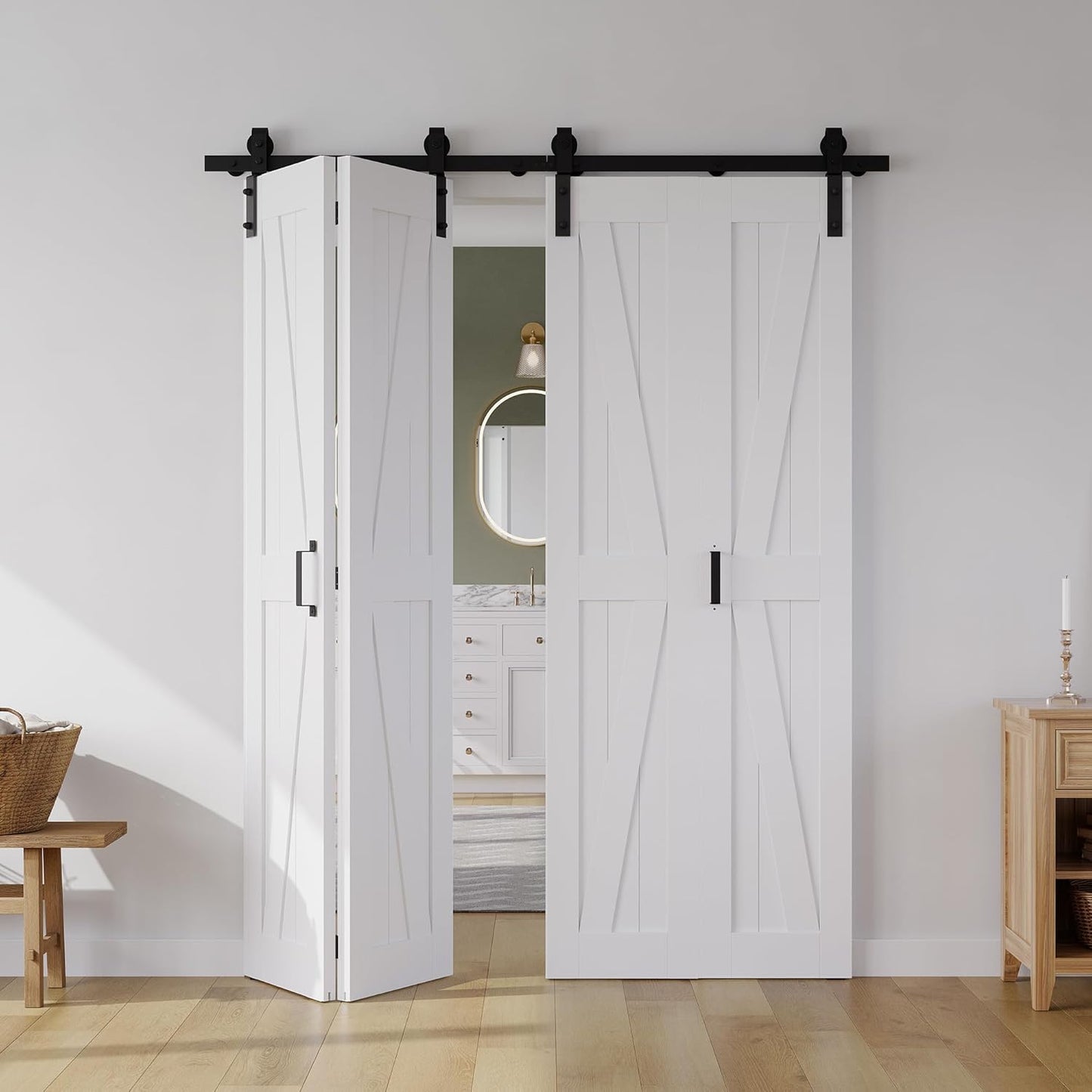 60" x 84" Bifold Sliding Barn Door Set with Sliding Hardware Kit - K Shaped Panel, Finished Closet Door Slab, 5.66FT Track, MDF, White