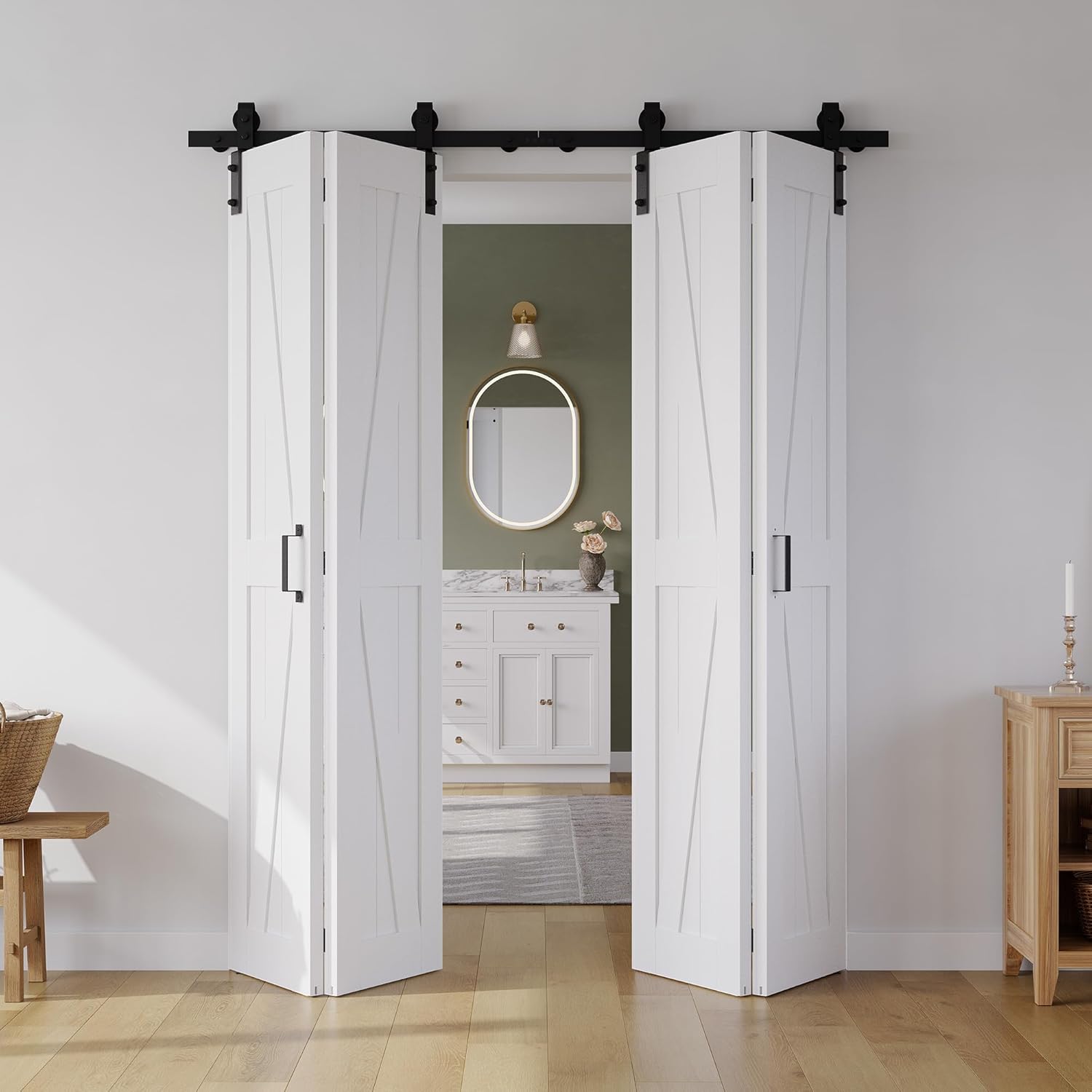 60" x 84" Bifold Sliding Barn Door Set with Sliding Hardware Kit - K Shaped Panel, Finished Closet Door Slab, 5.66FT Track, MDF, White