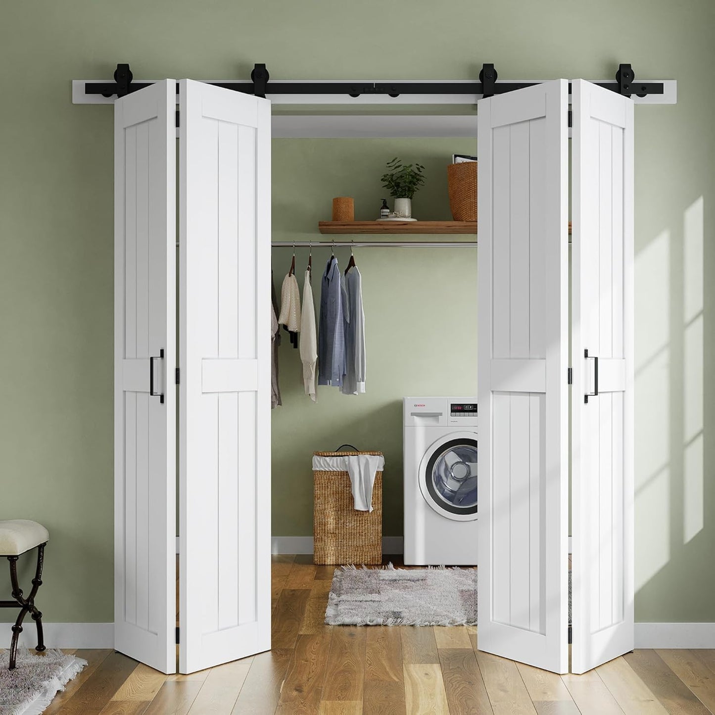 60'' x 84'' SmartStandard Bifold Barn Door Set with Hardware Kit - Waterproof, Quiet, Easy Assembly - White Color, 68'' Track Kit for 4 Doors