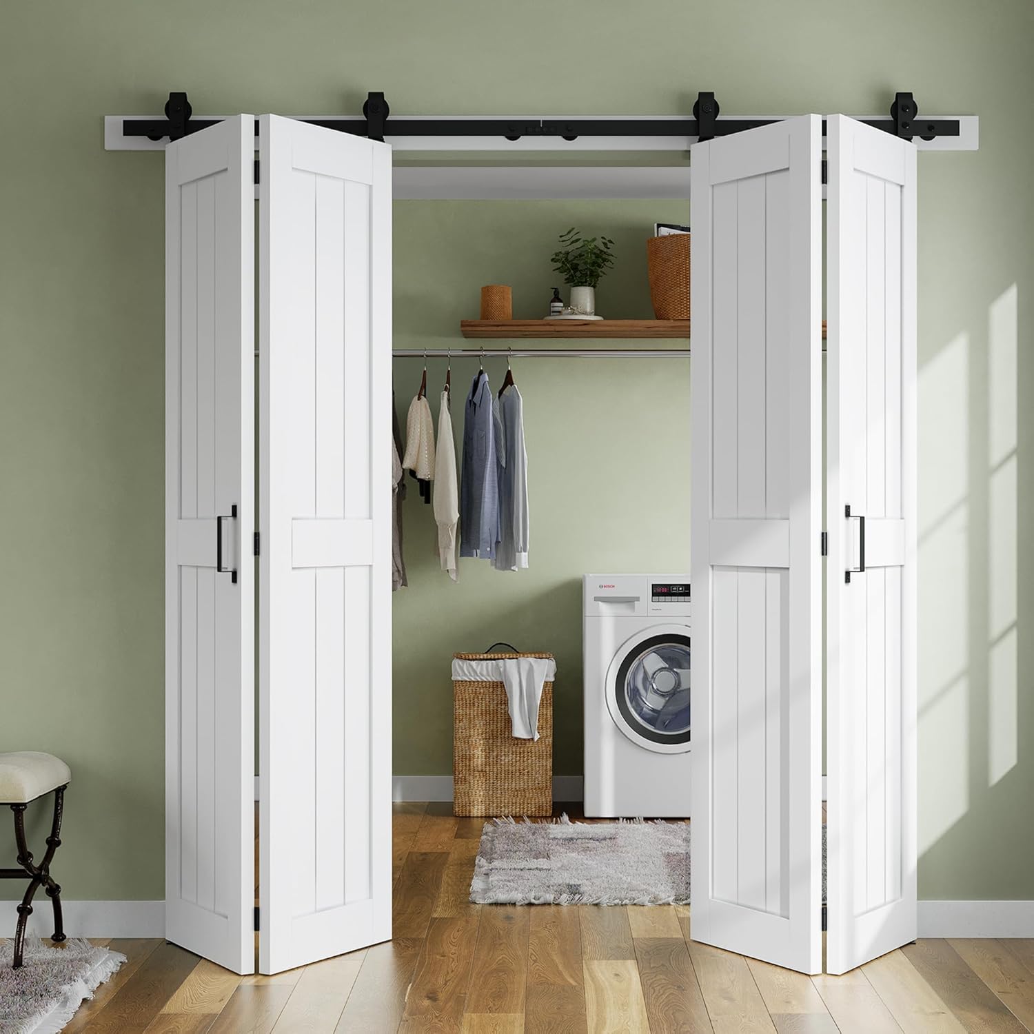 60'' x 84'' SmartStandard Bifold Barn Door Set with Hardware Kit - Waterproof, Quiet, Easy Assembly - White Color, 68'' Track Kit for 4 Doors