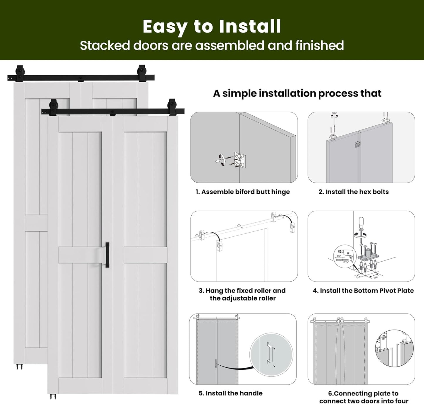 60'' x 84'' SmartStandard Bifold Barn Door Set with Hardware Kit - Waterproof, Quiet, Easy Assembly - White Color, 68'' Track Kit for 4 Doors